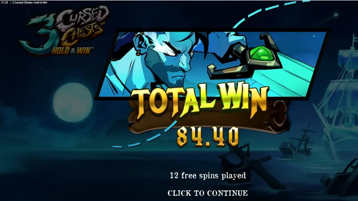 Tampilan visual slot 3 Cursed Chests dengan tema bajak laut dan peti harta karun yang bercahaya