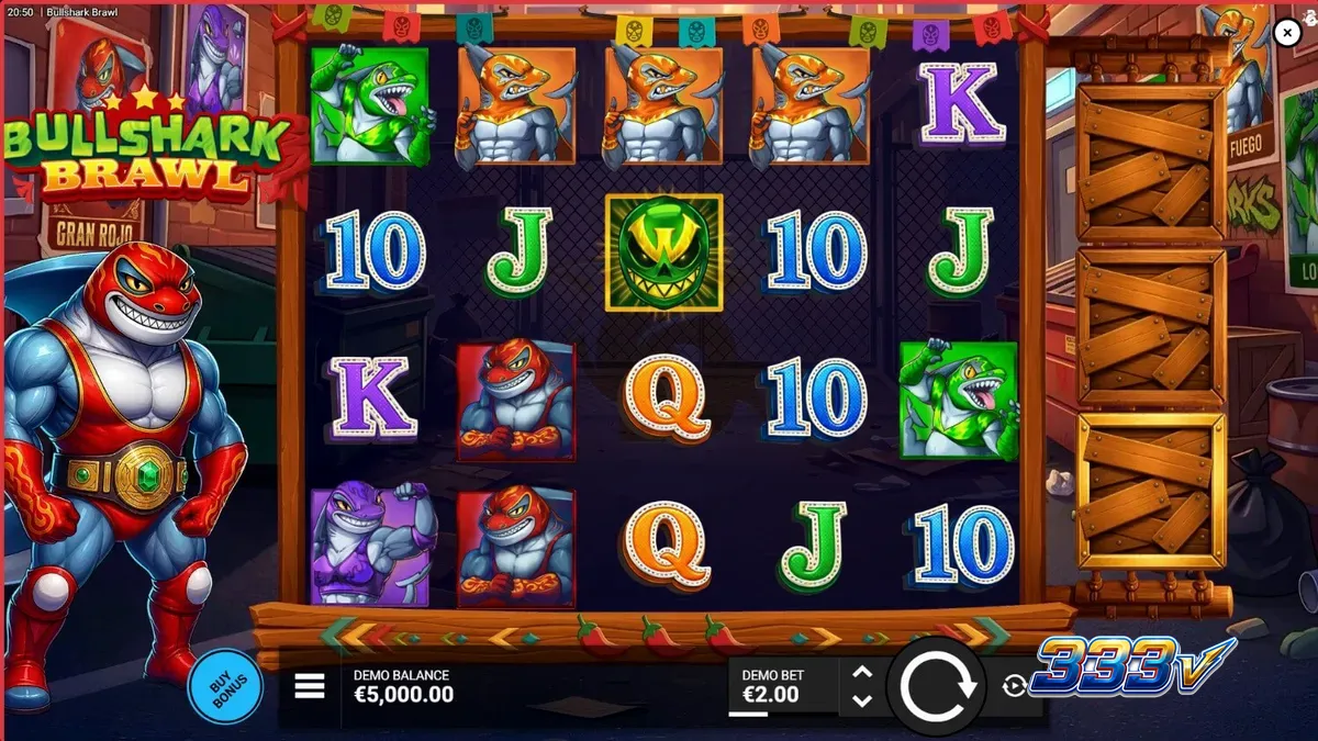 Tampilan visual slot Bullshark Brawl dengan tema gulat hiu luchador
